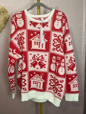 Scarlett Red and White Holiday Fair Isle Crewneck Sweater